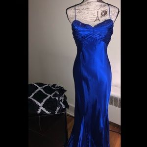 Gorgeous Vintage Royal Blue Beaded Satin Gown